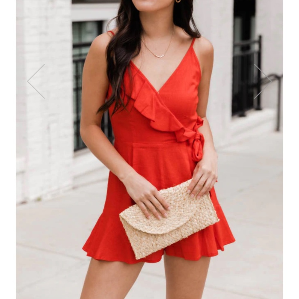 Pink Lily Ruffle Wrap Romper Red Small